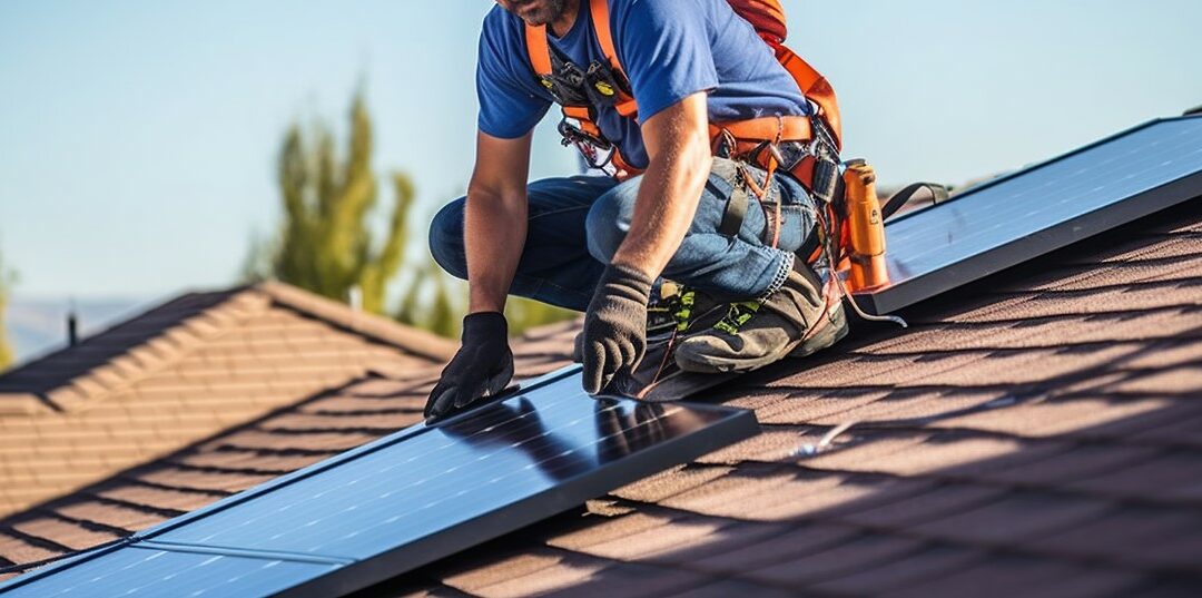 A worker installs solar panels on the roof of a house, Generative AI