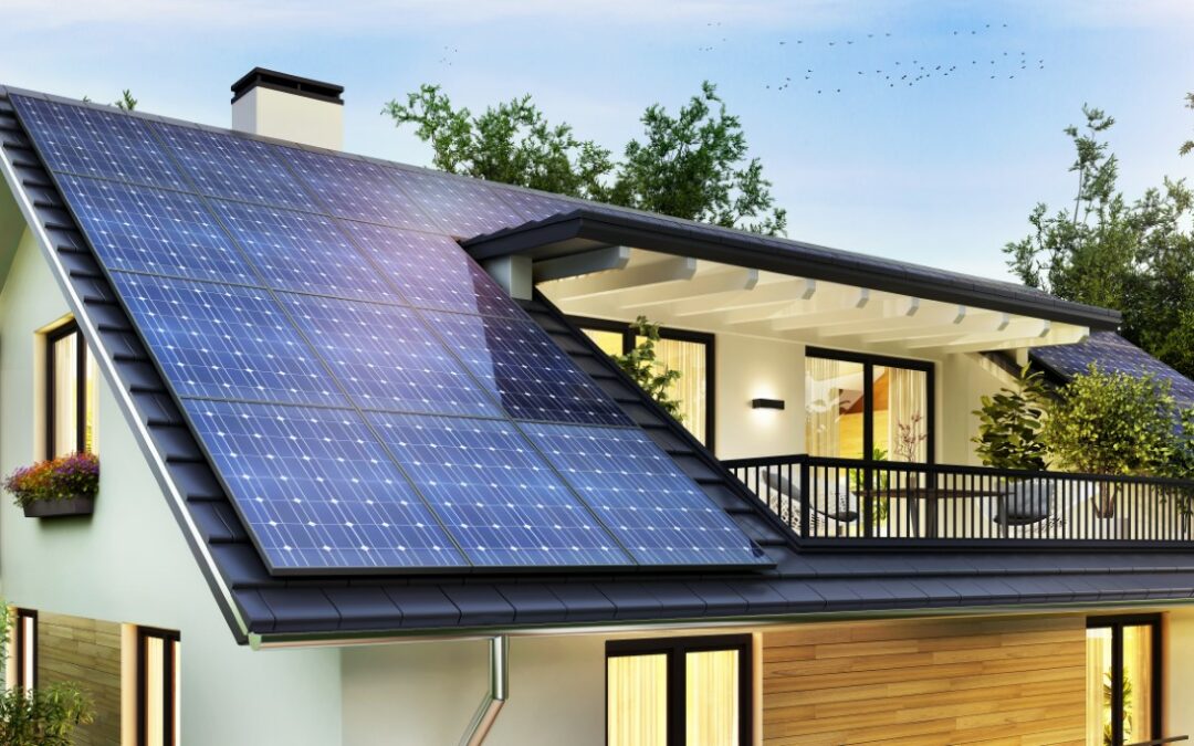Solar panels on the gable roof of a beautiful modern home